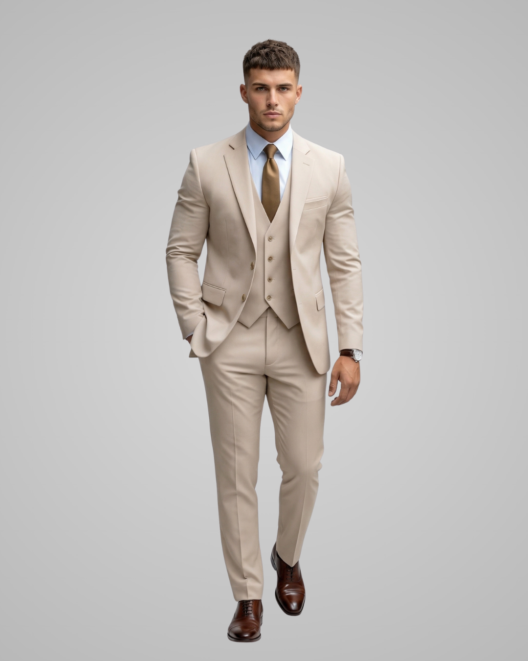 Man wearing a beige suit with a white shirt and brown shoes on a gray background