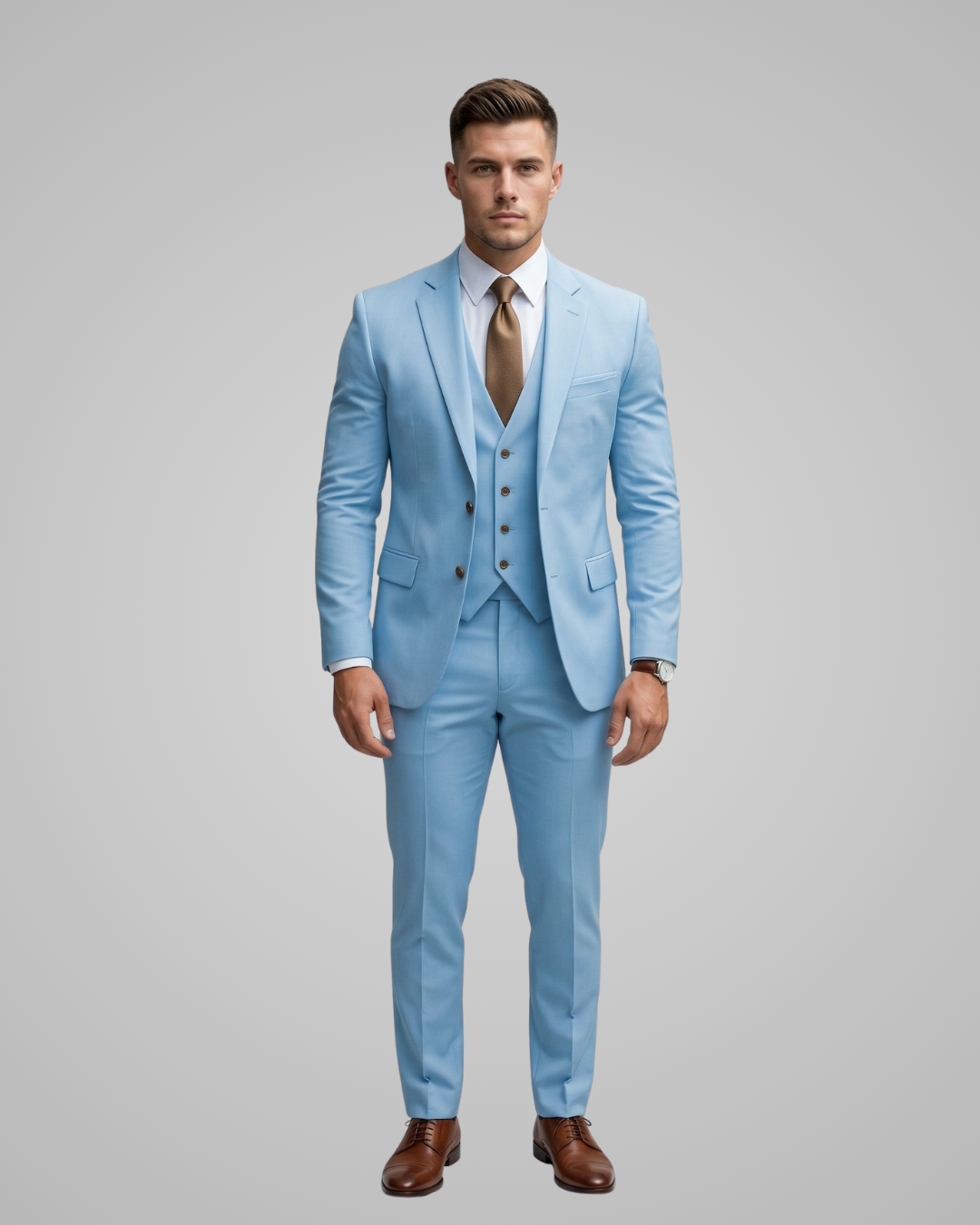 Man wearing a light blue suit with a white shirt and brown tie on a gray background