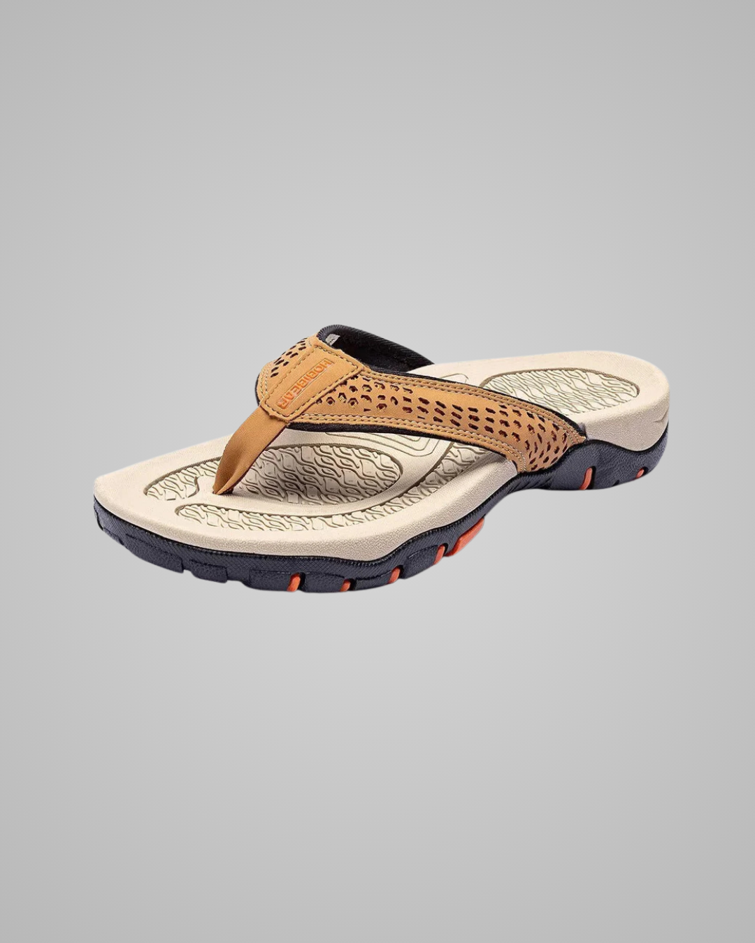 Brown sandal with a gray sole on a light gray background