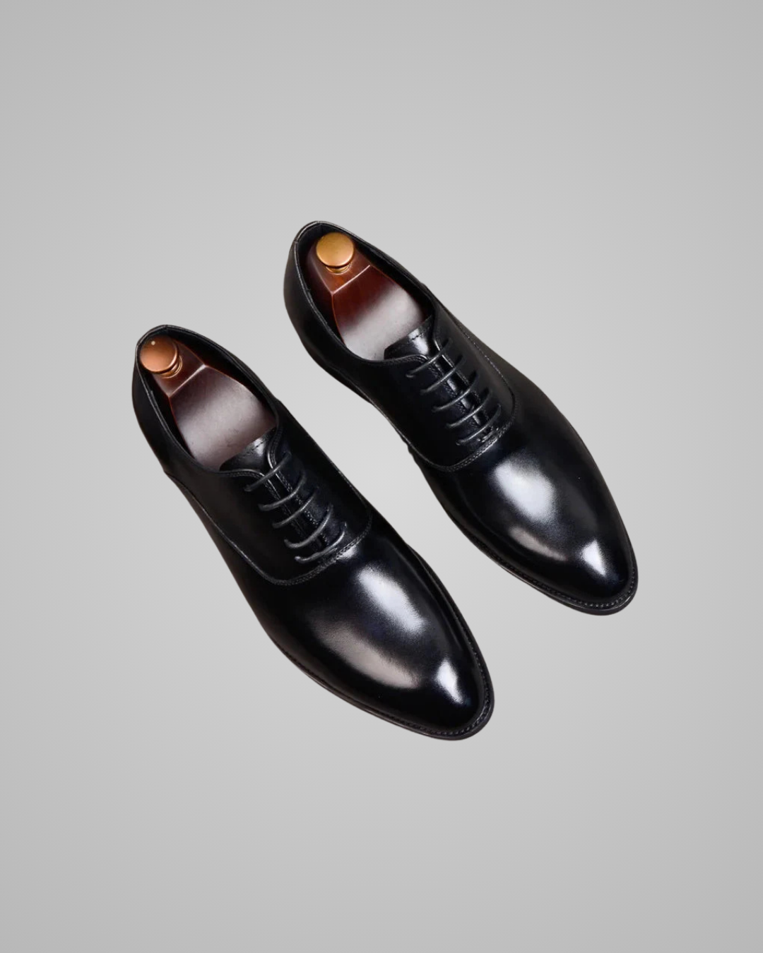 Pair of black dress shoes on a light gray background