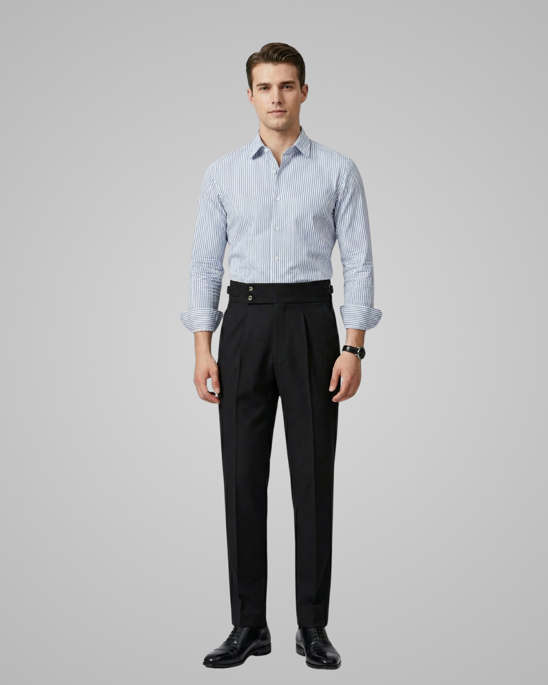 Men's High Waisted Double Button Trousers in Black