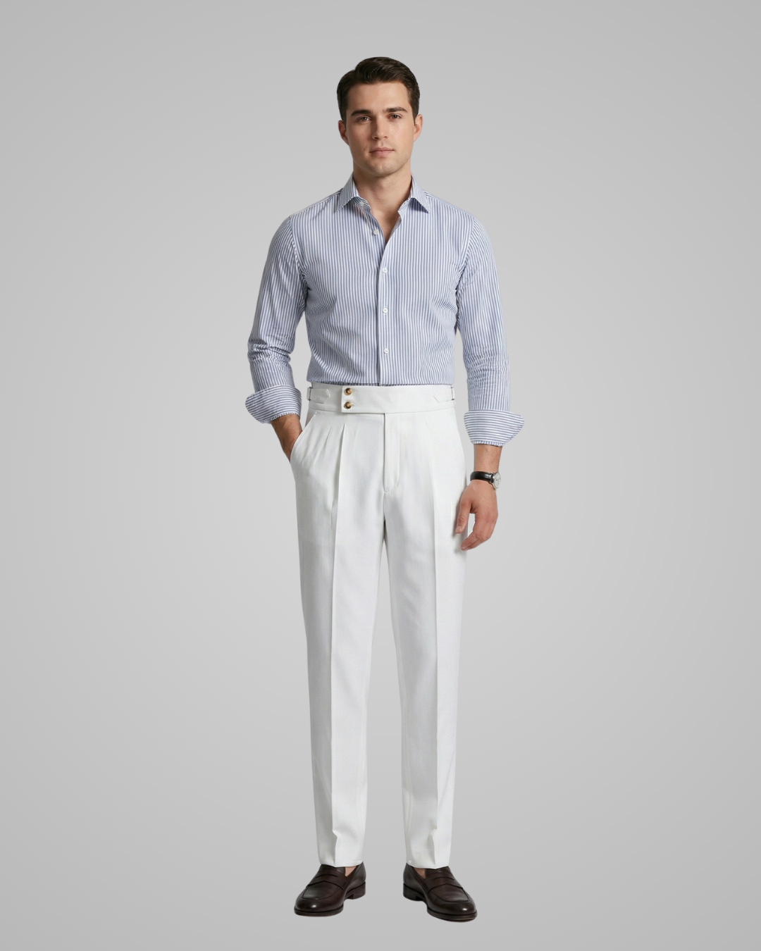 Men's High Waisted Double Button Trousers in White
