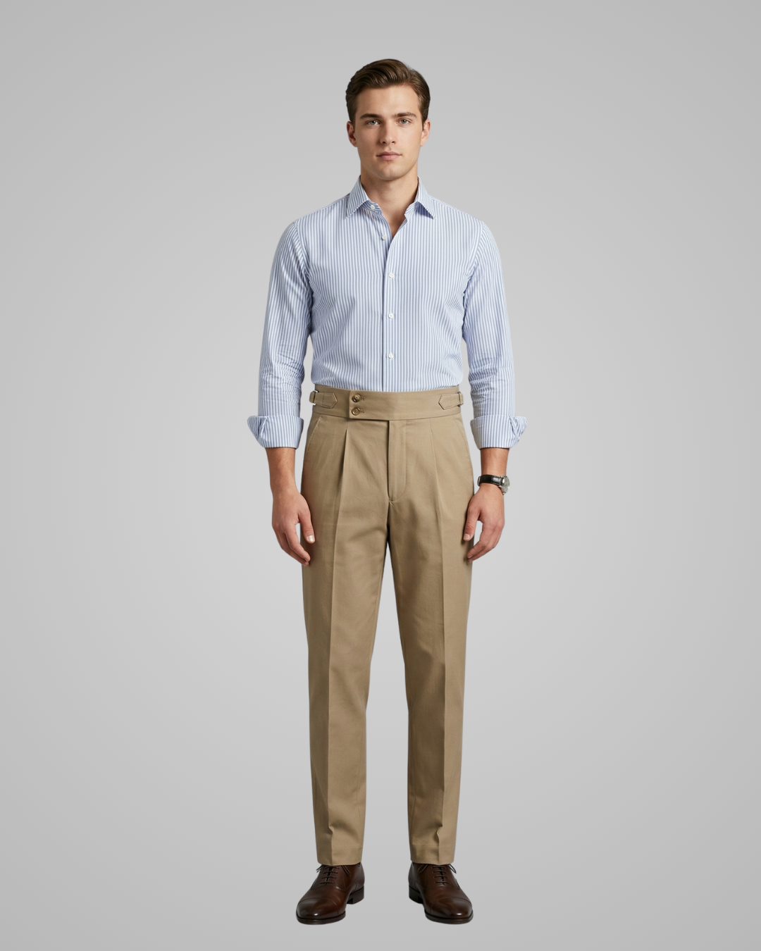 Men's High Waisted Double Button Trousers in Khaki