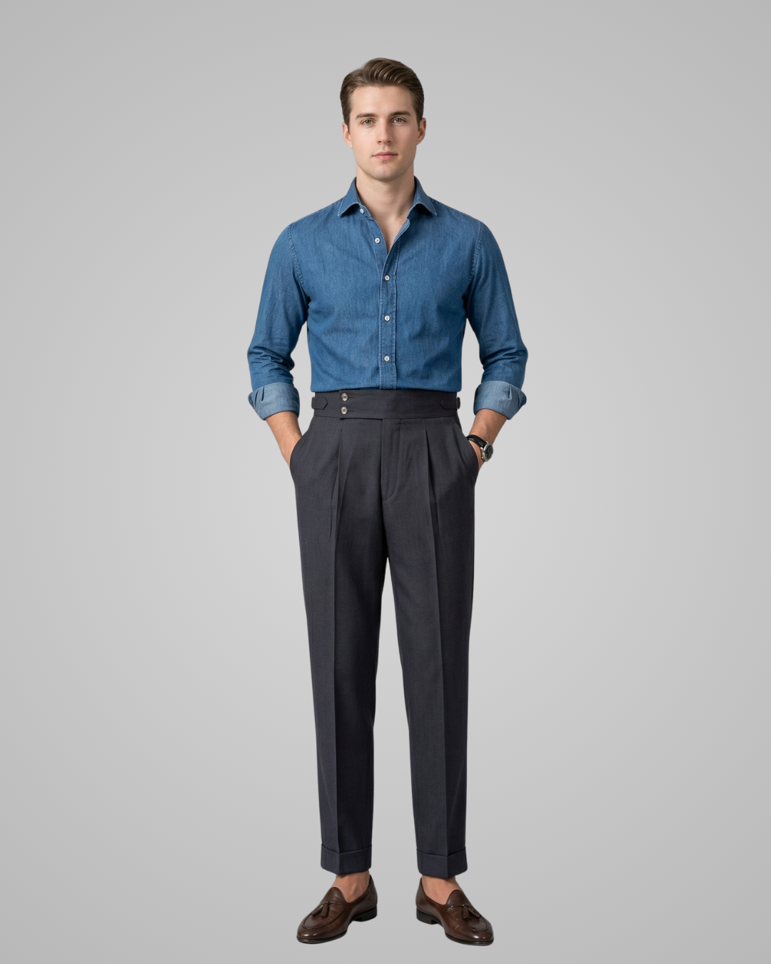 Men's High Waisted Double Button Trousers in Dark Grey