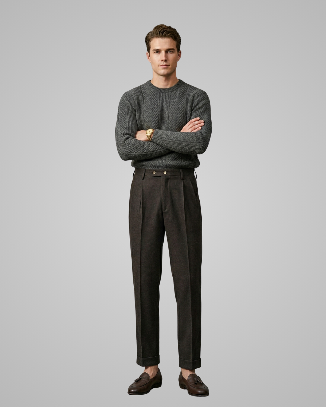 Man wearing a gray sweater and dark pants on a plain background