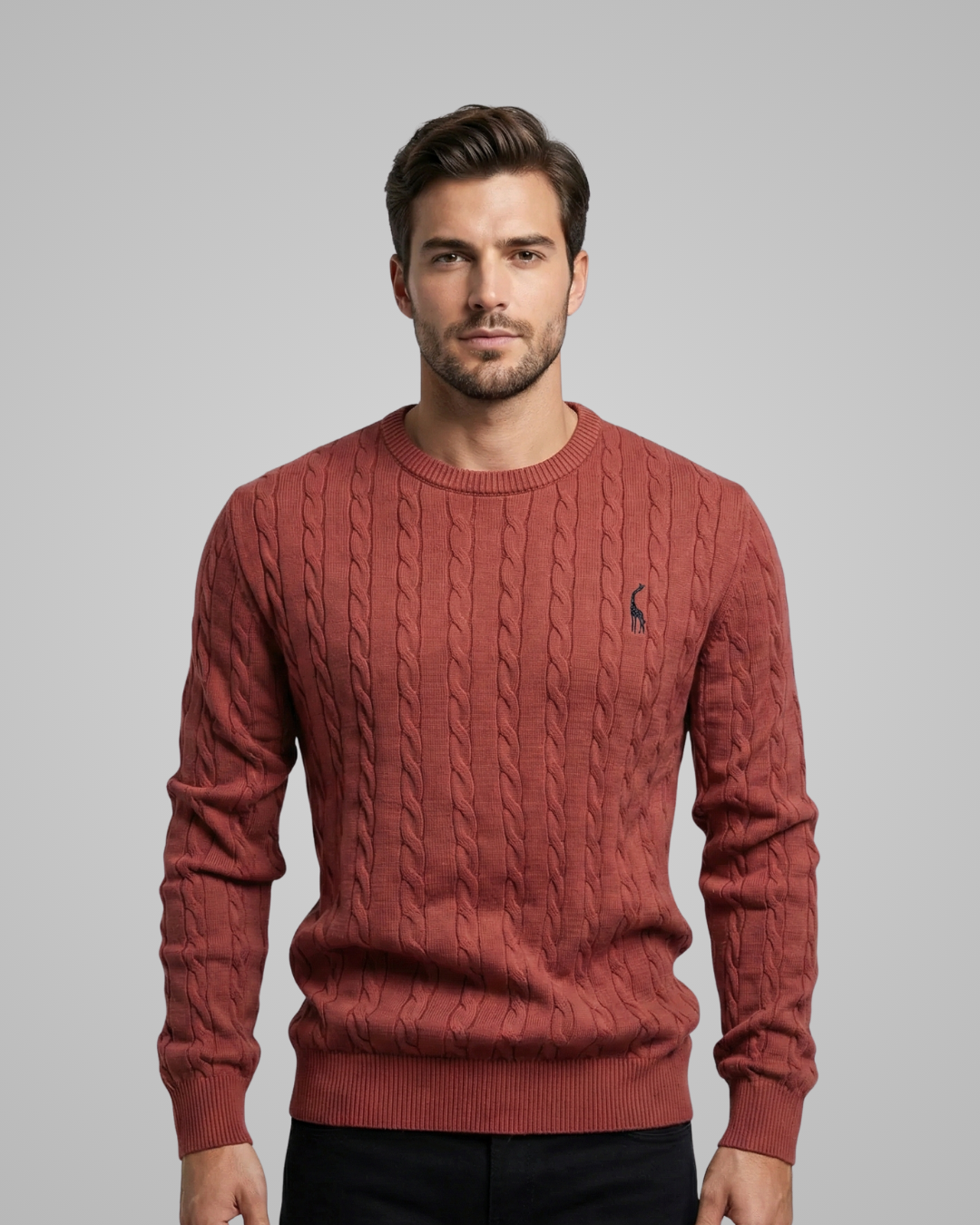 Man wearing a red sweater with a logo on a gray background