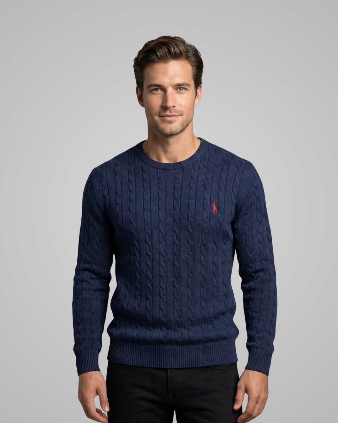 Man wearing a navy blue sweater with a red logo on a gray background