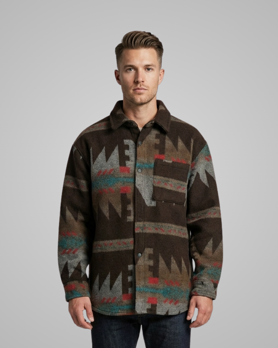 Man wearing a patterned jacket against a gray background