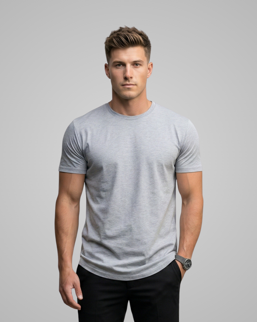 Man wearing a gray t-shirt against a gray background