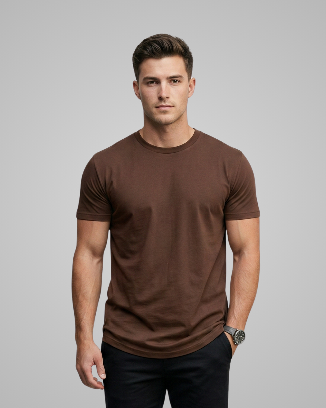 Man wearing a brown t-shirt against a gray background