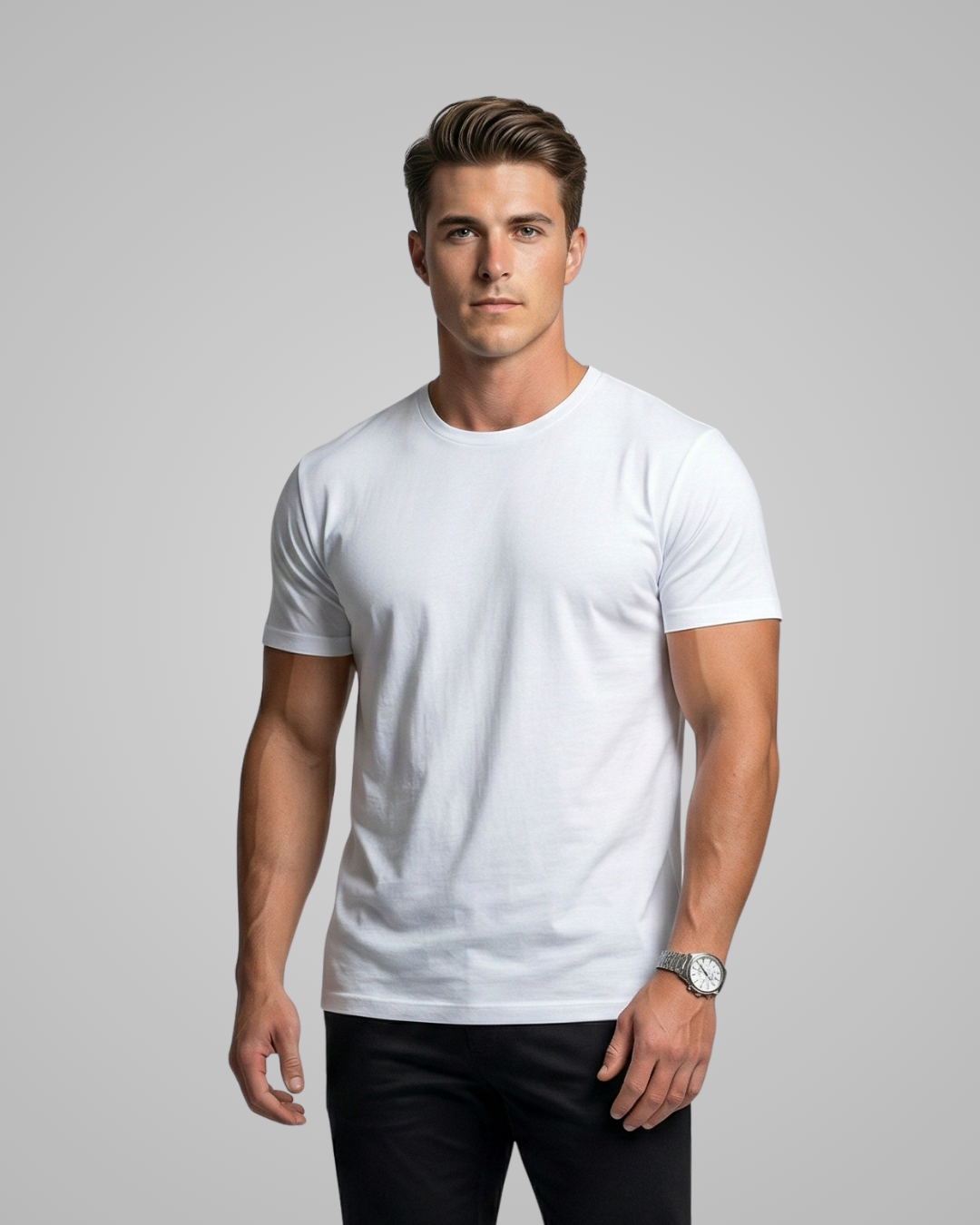 Man wearing a plain white t-shirt against a gray background