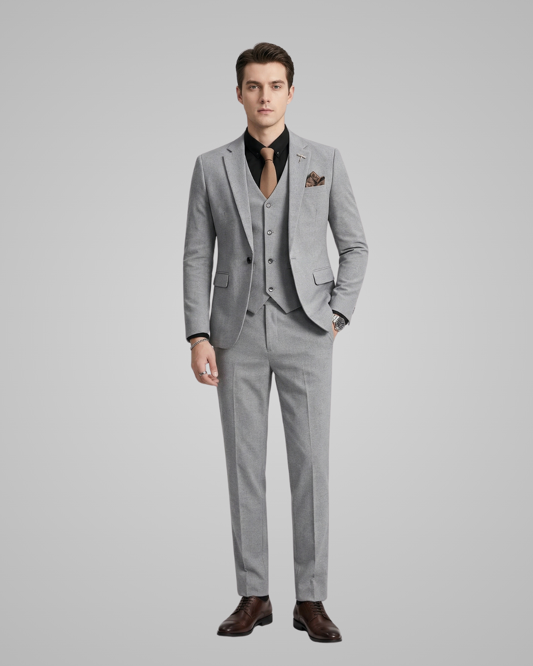 Man wearing a gray suit with a white background