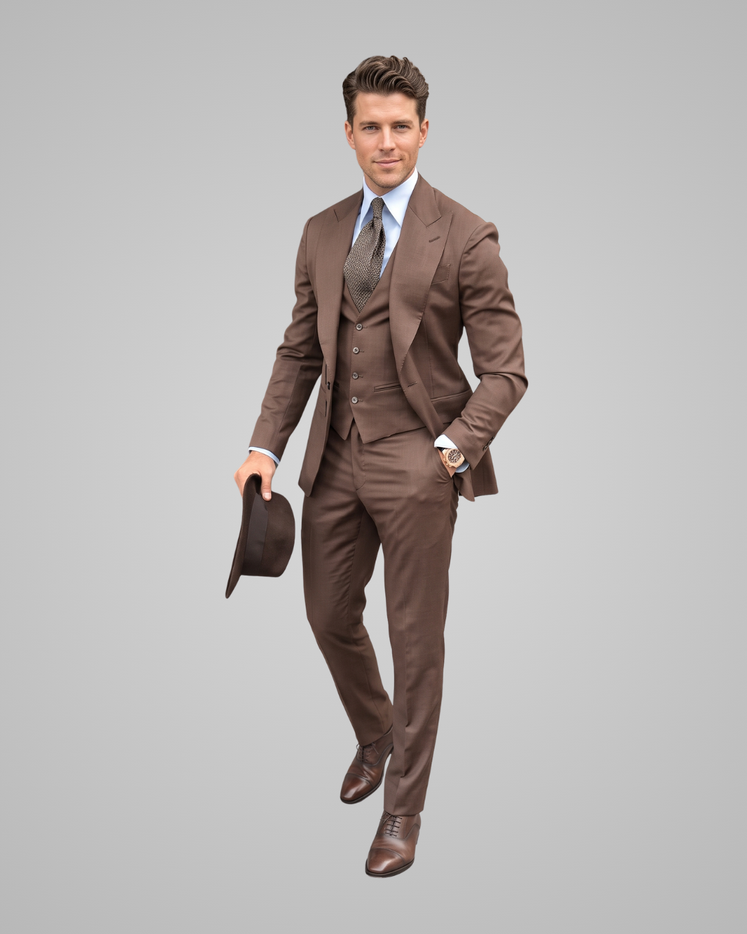 A man modeling a brown three-piece suit with a light blue dress shirt, a patterned tie, and brown dress shoes, holding a dark brown fedora hat against a solid gray background.