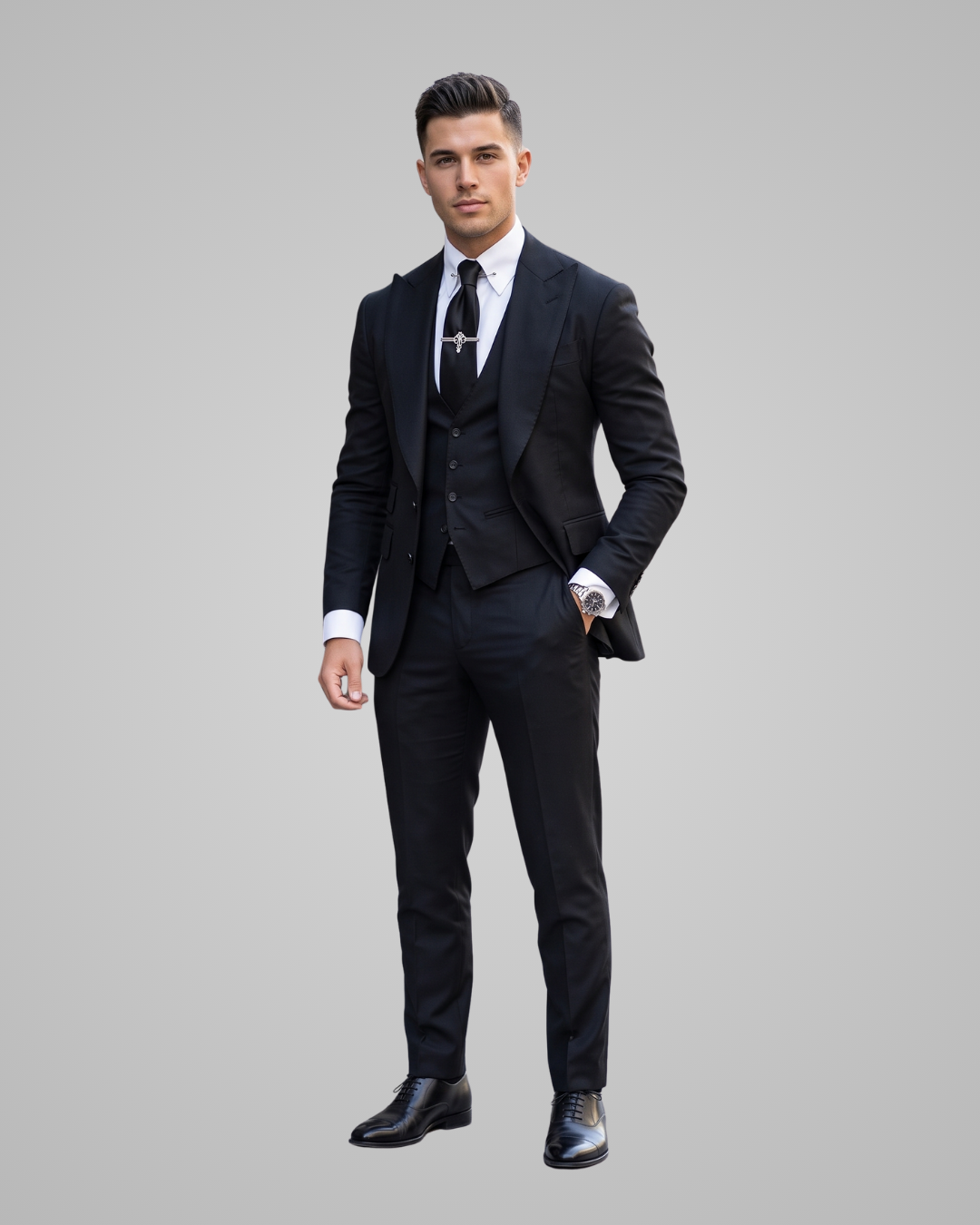 A man modeling a black three-piece suit with a white dress shirt, black tie, and black vest, standing against a solid gray background.