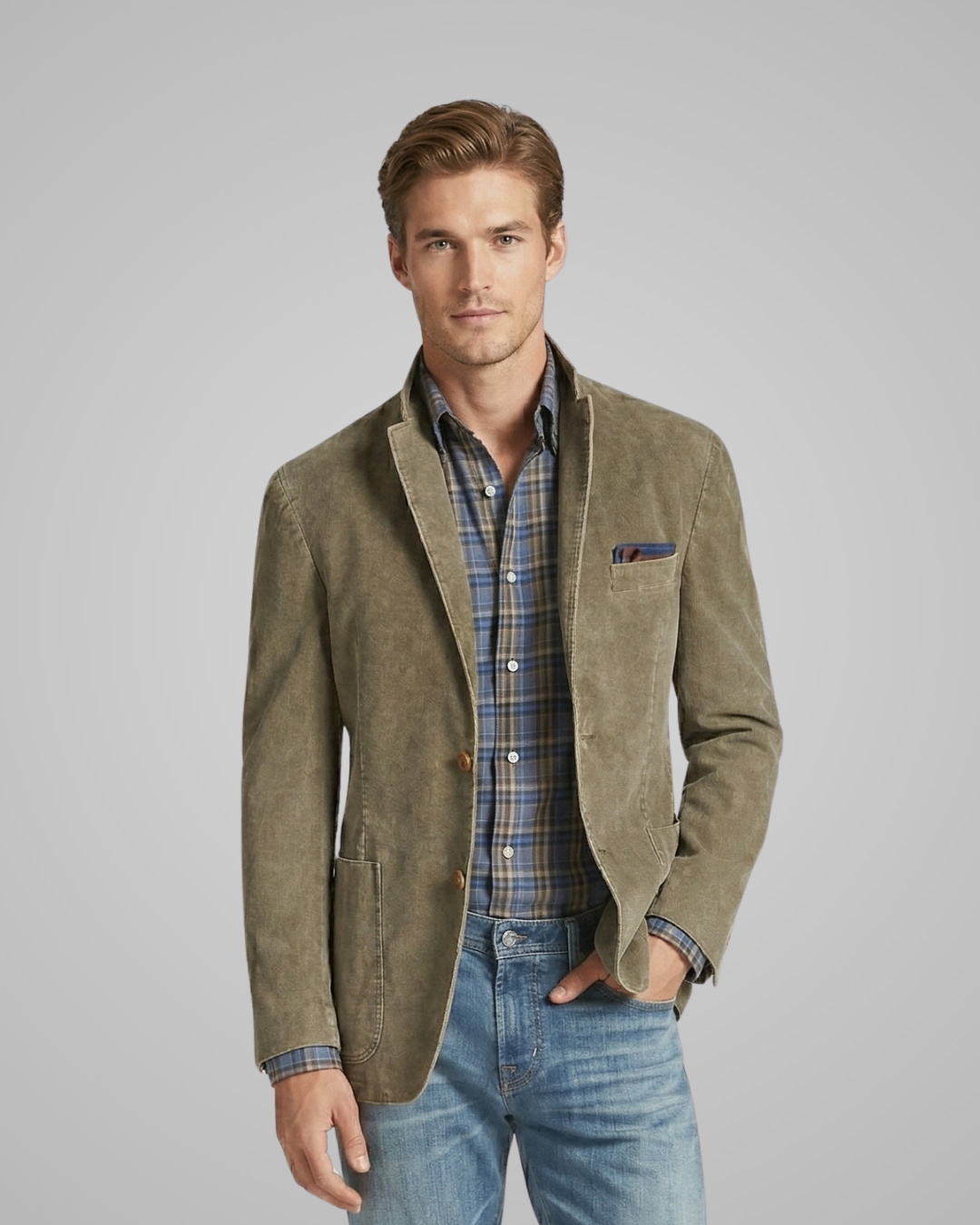 Man wearing a green blazer over a plaid shirt with a gray background