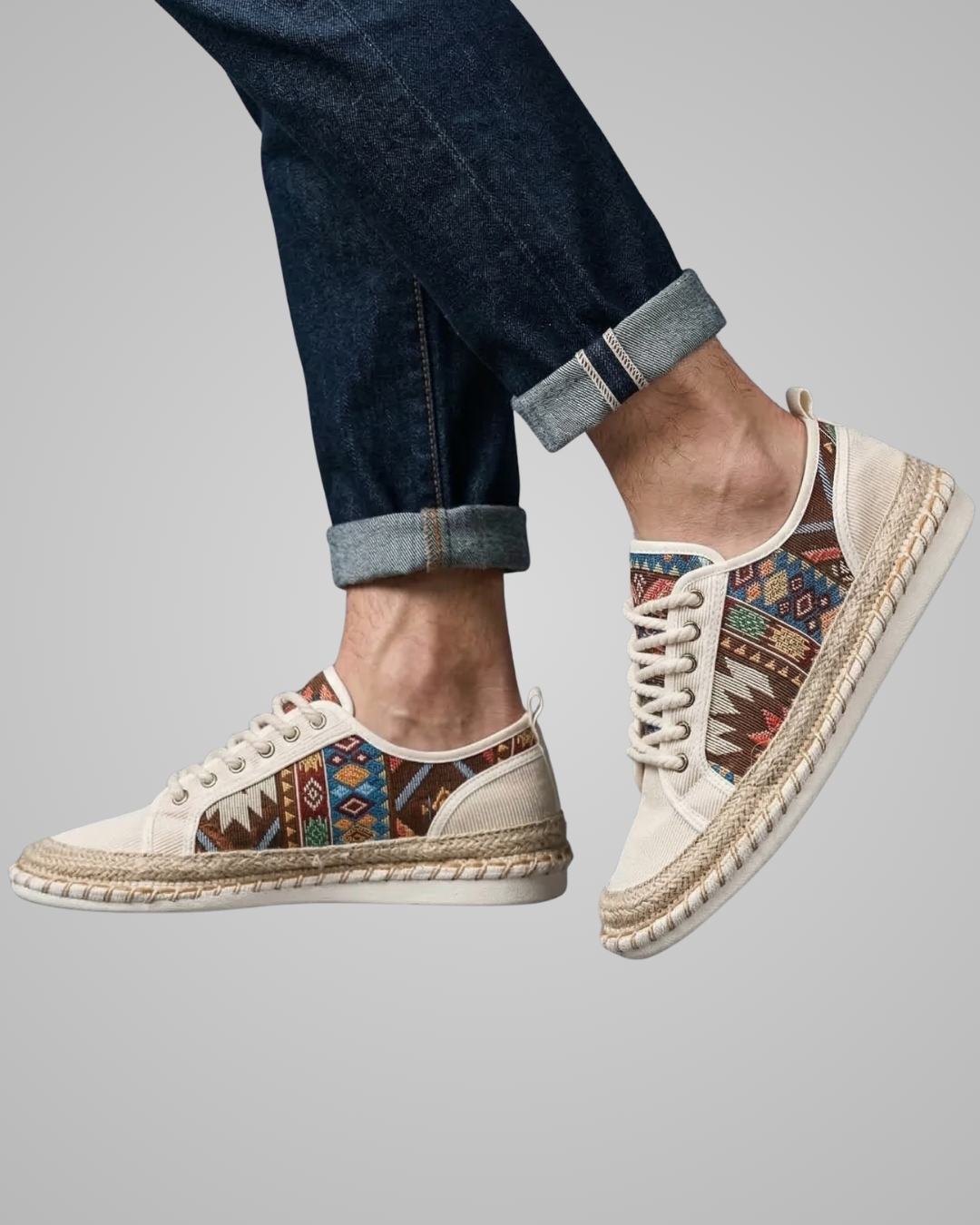 Sneakers with tribal pattern on a gray background