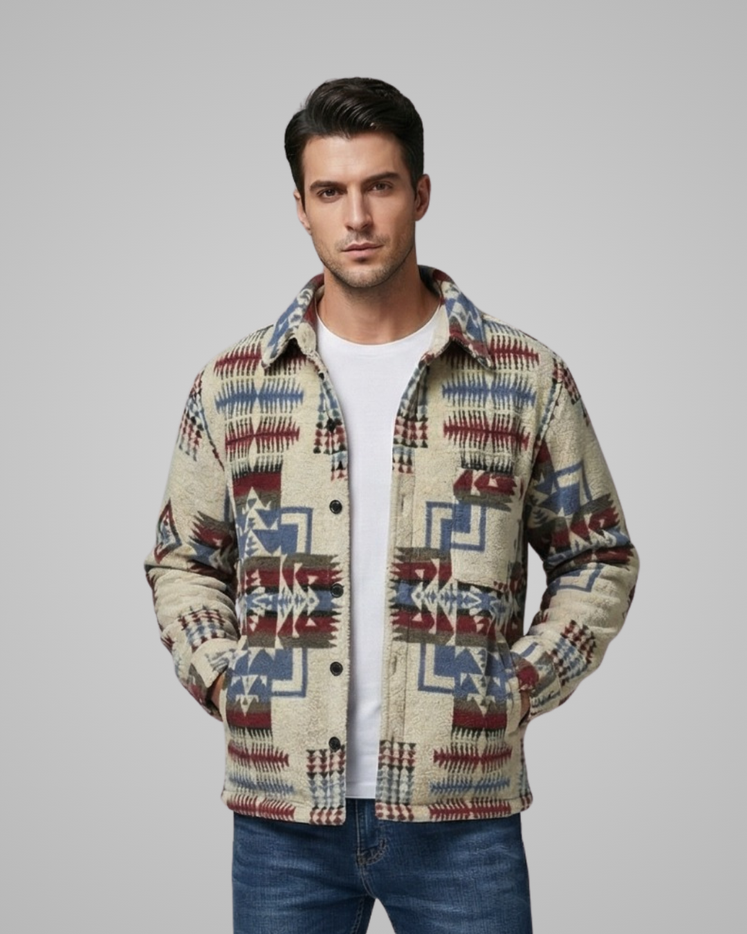 Man wearing a patterned jacket on a gray background