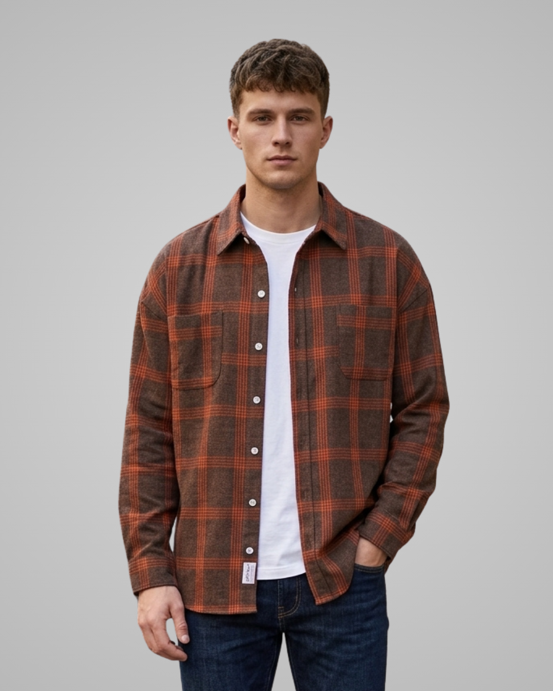 Men's Plaid Button Up Shirt in Reddish Brown