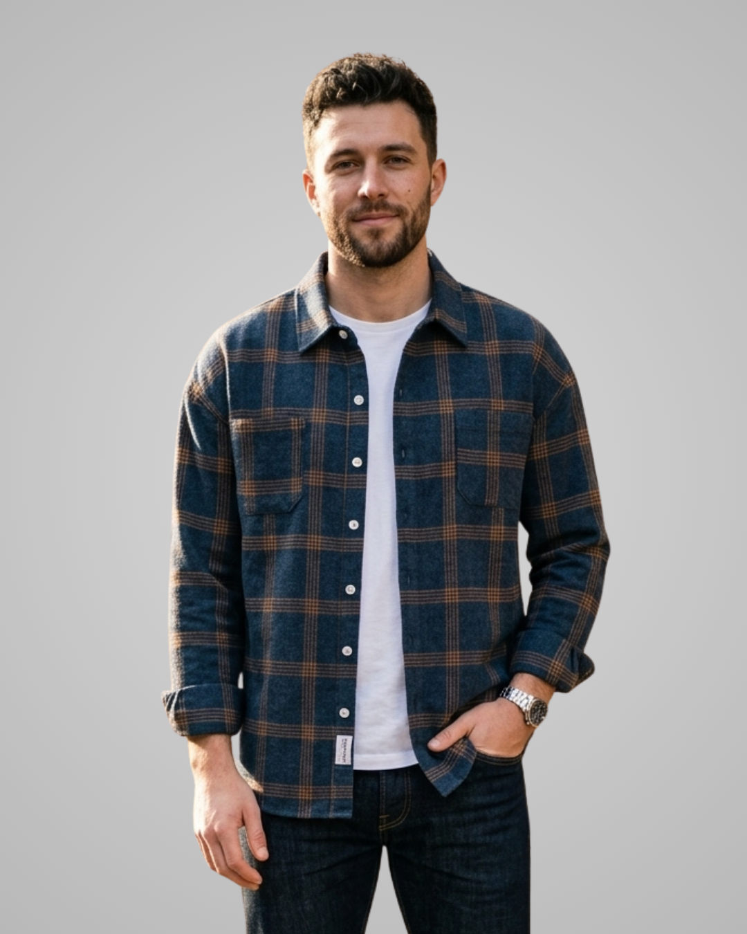 Men's Plaid Button Up Shirt in Navy Blue