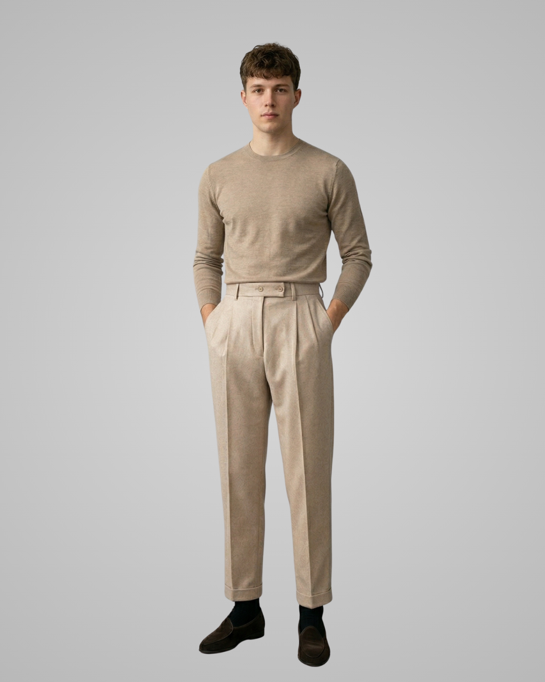 Men's Pleated High Waist Suit Trousers in Khaki