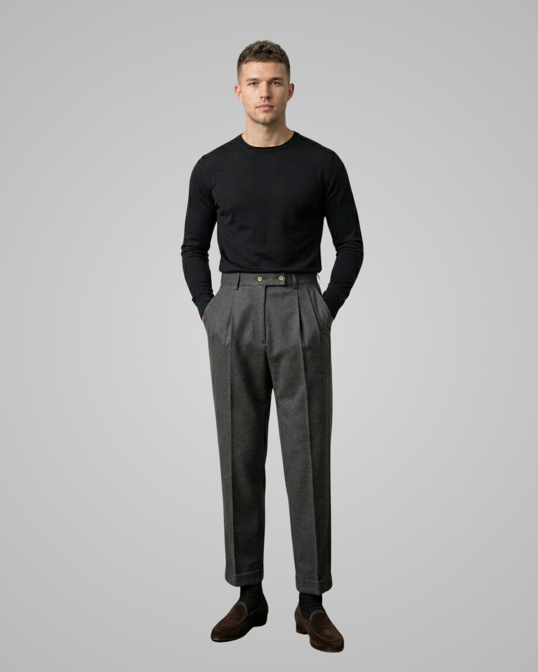 Men's Pleated High Waist Suit Trousers in Grey