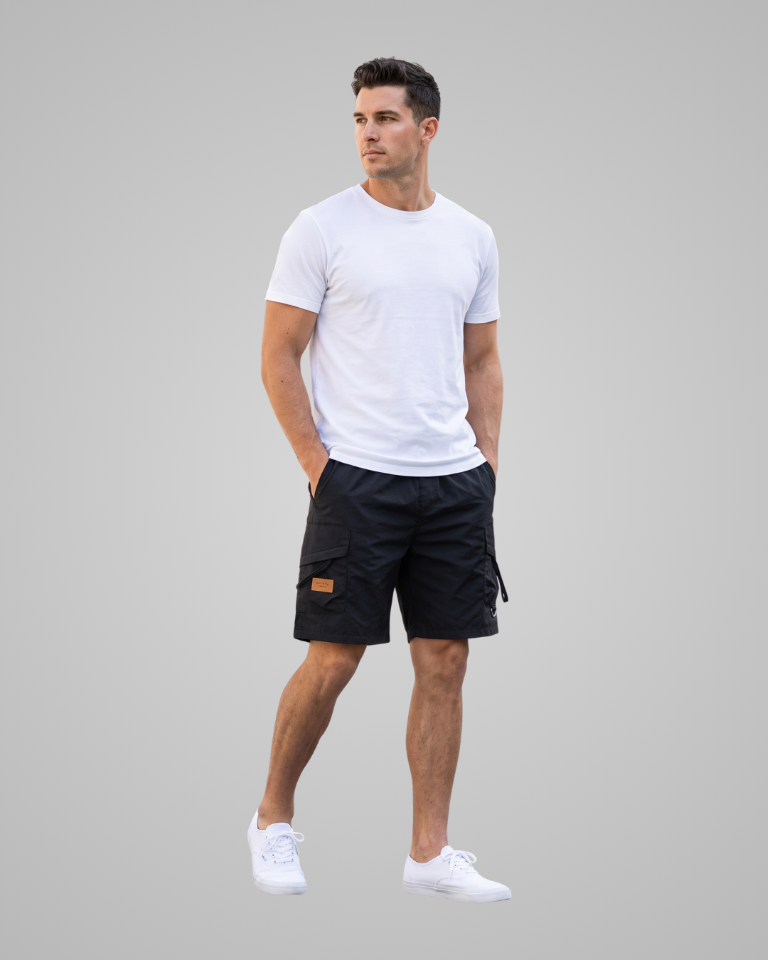 A man modeling a white crew-neck t-shirt and black cargo shorts with white sneakers, standing against a solid gray background.