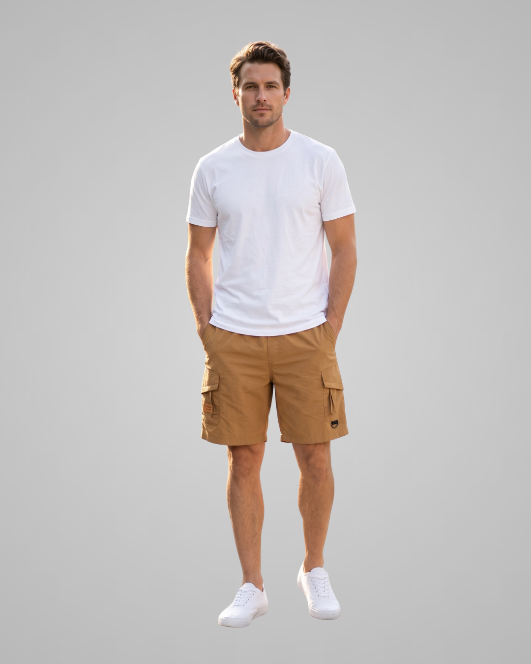 A man modeling a white crew-neck t-shirt and tan cargo shorts against a solid gray background.