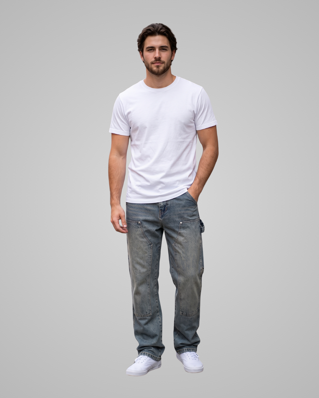 Man wearing a white t-shirt and gray jeans on a plain background