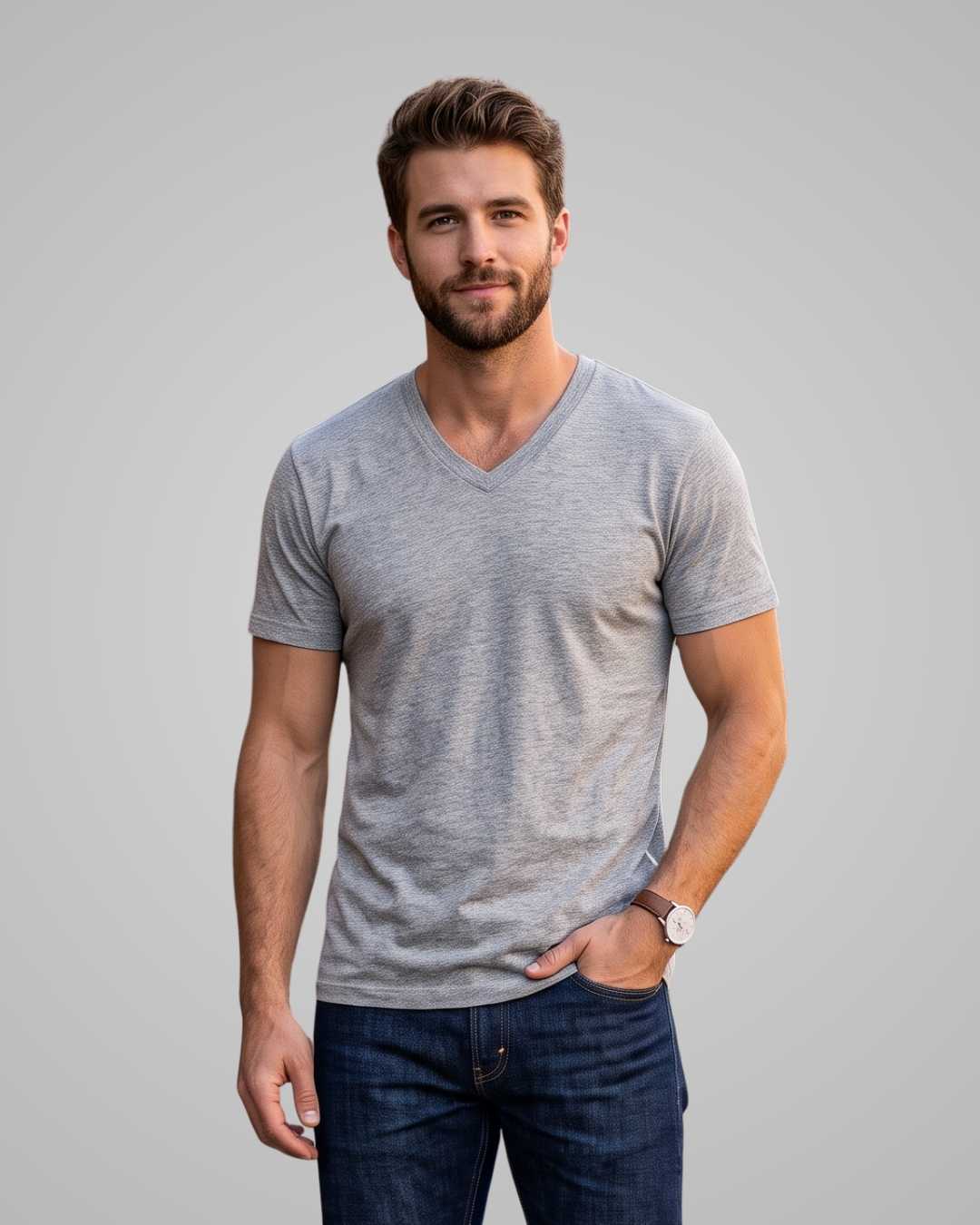 A man wearing a light gray heathered v-neck t-shirt and dark blue jeans, standing against a solid gray studio background.
