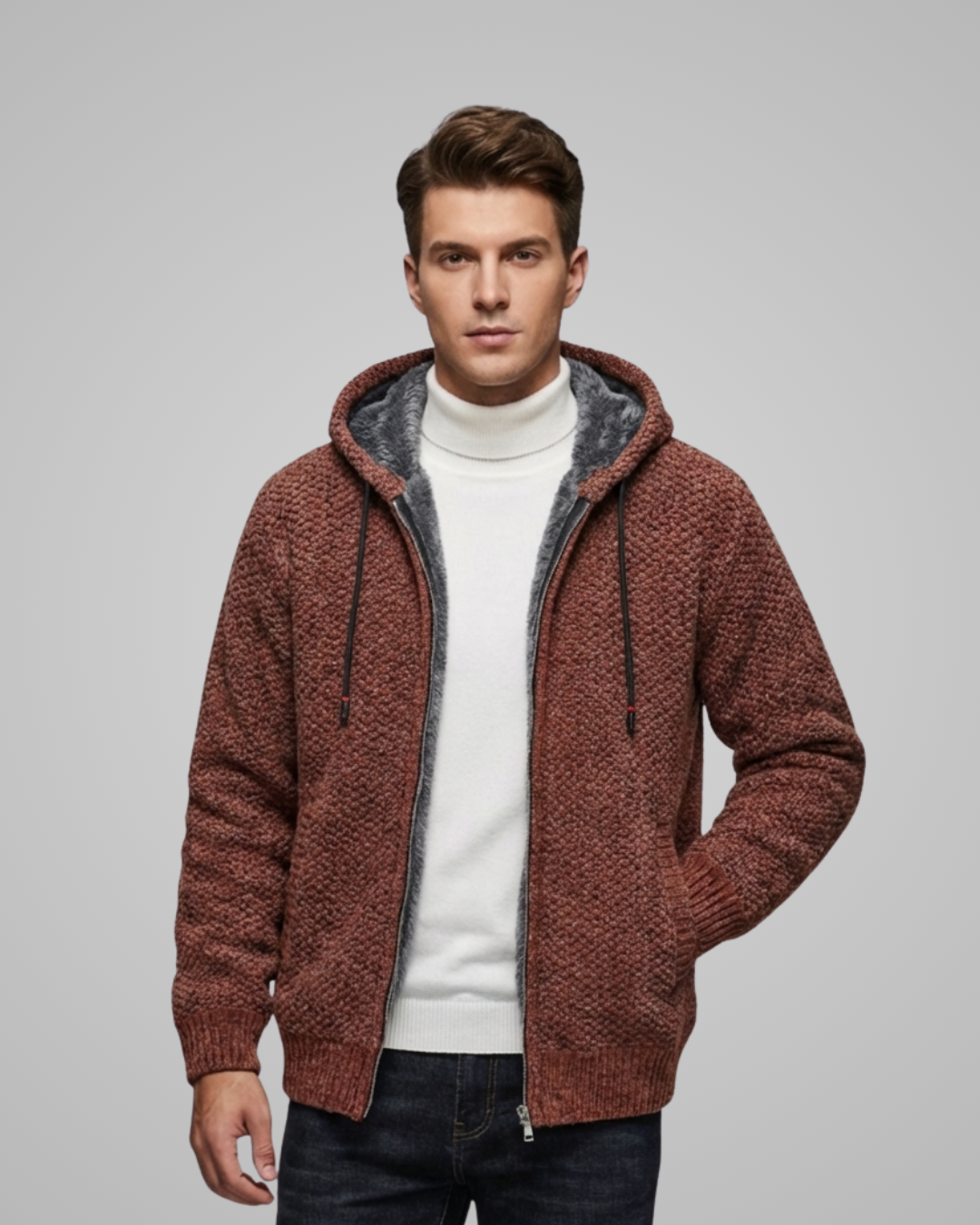 Man wearing a brown knitted hoodie with gray lining on a gray background