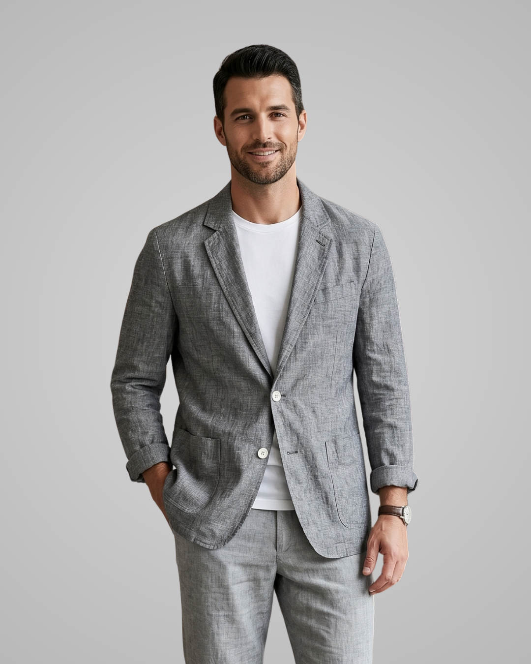 Man wearing a gray suit with a white shirt on a plain background