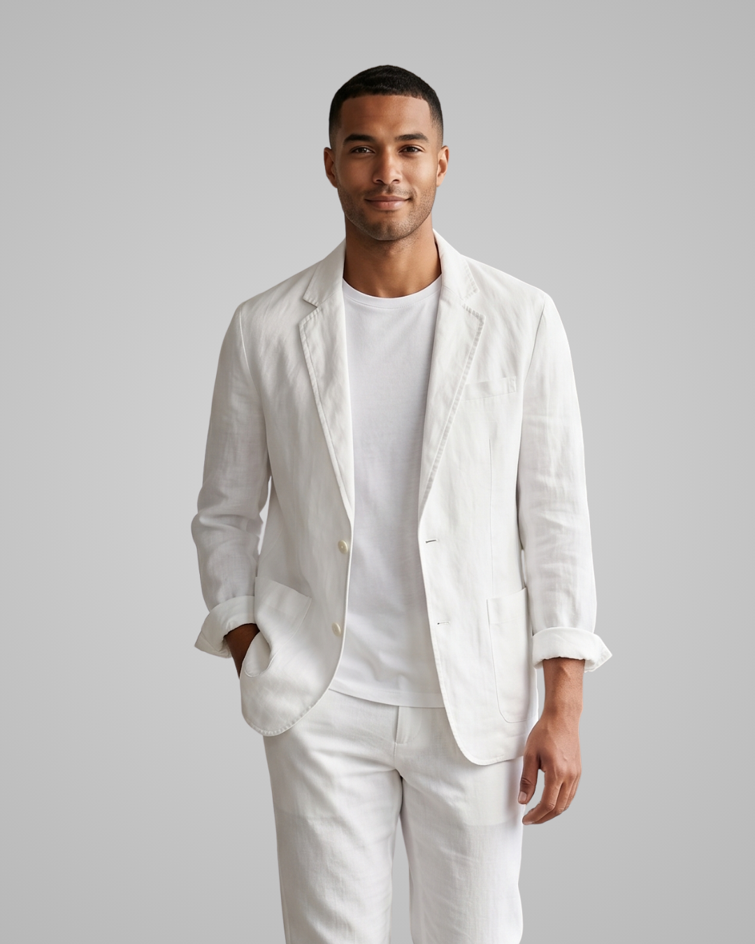 Man wearing a white linen suit on a plain background