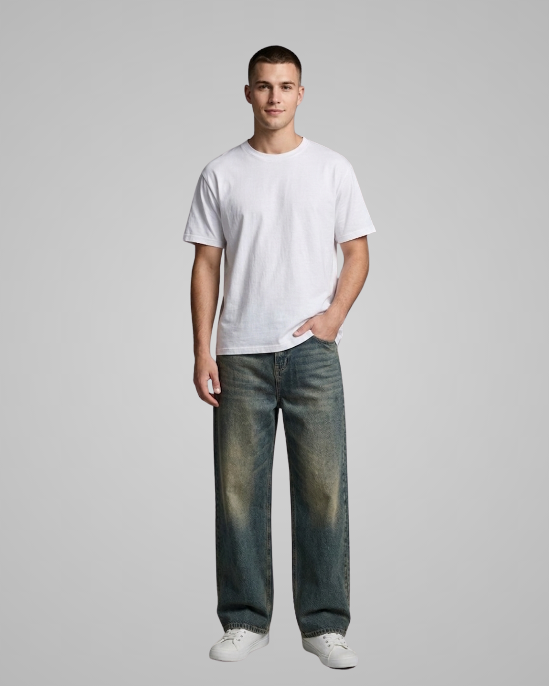 Man wearing a plain white t-shirt and blue jeans on a gray background