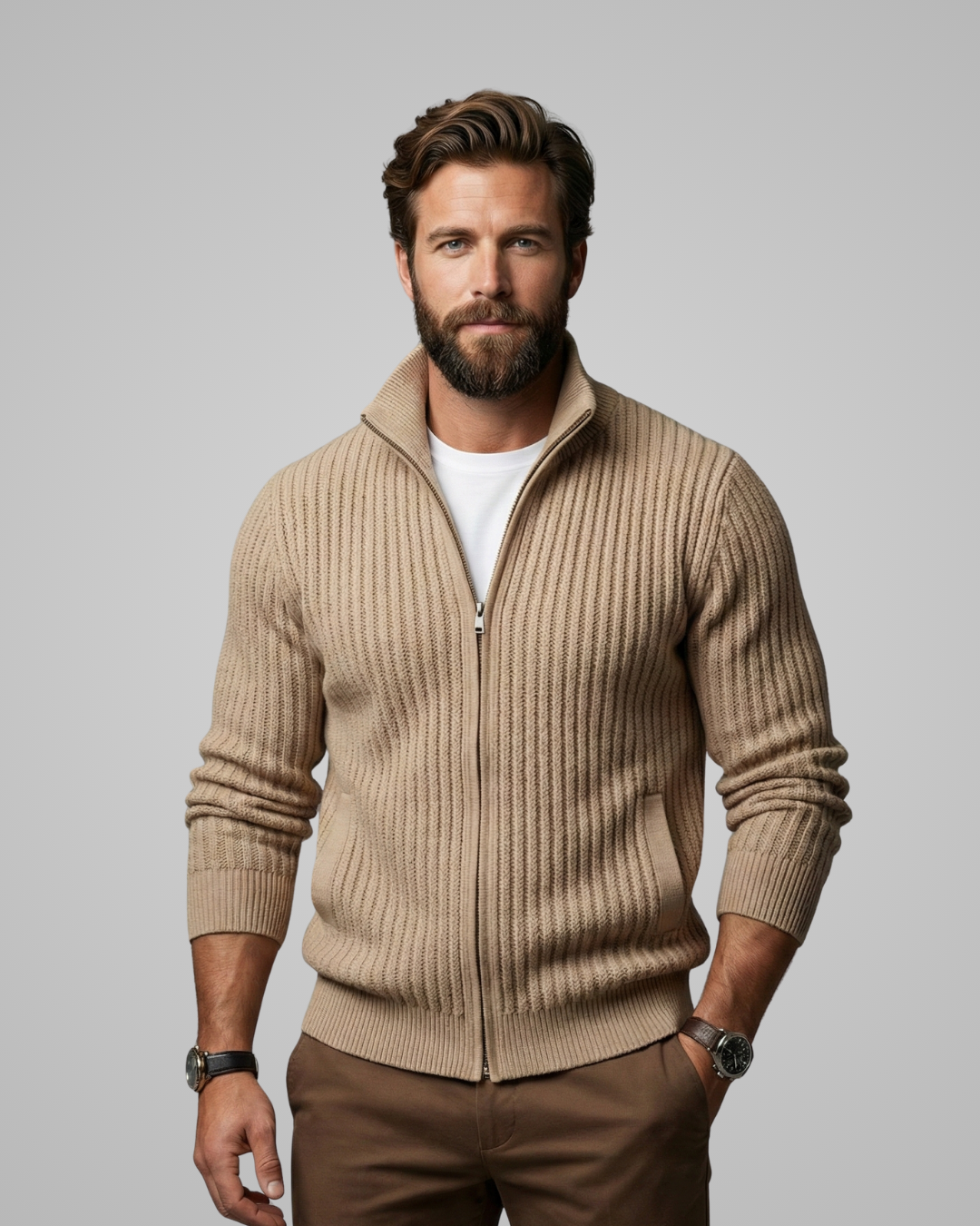 Man wearing a beige zip-up sweater over a white shirt on a gray background