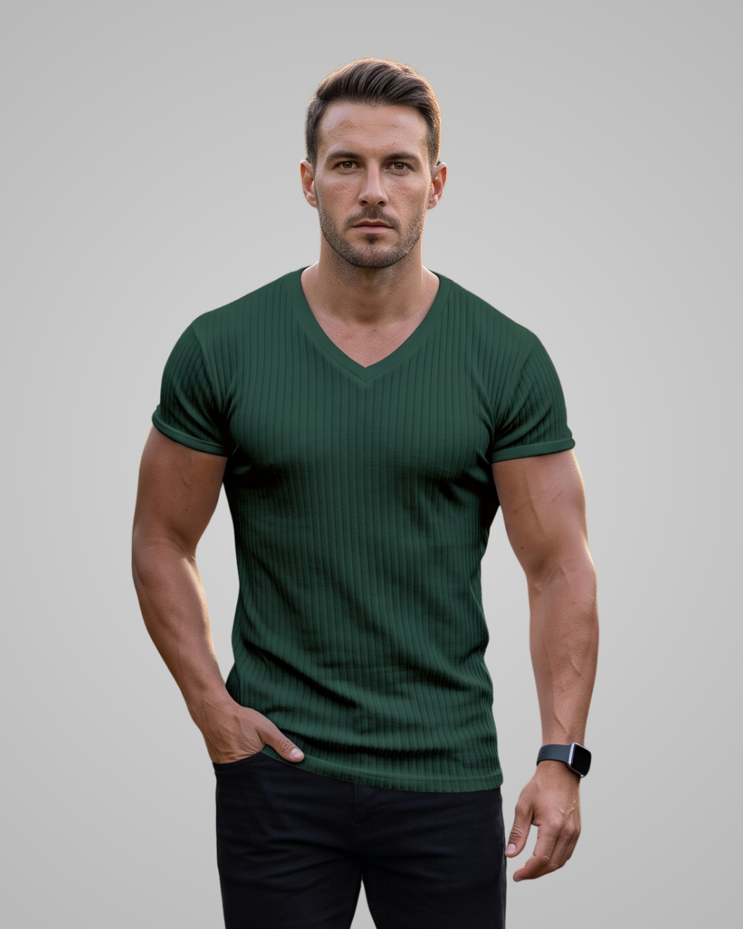 A muscular man wearing a dark green ribbed v-neck t-shirt and black pants, standing against a solid gray studio background.