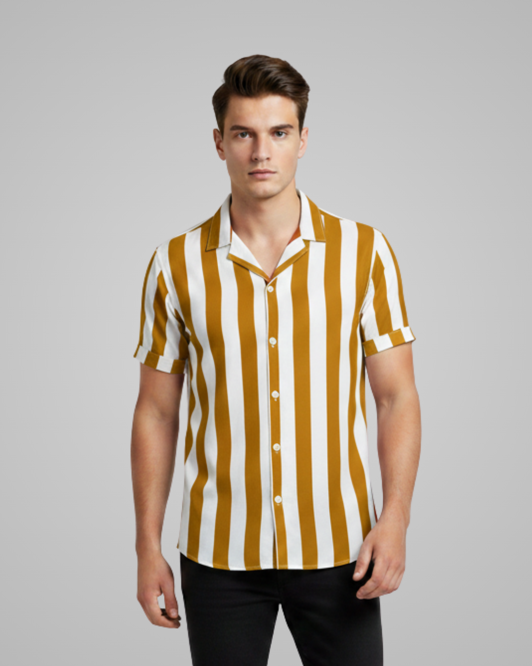 Man wearing a yellow and white striped shirt on a gray background