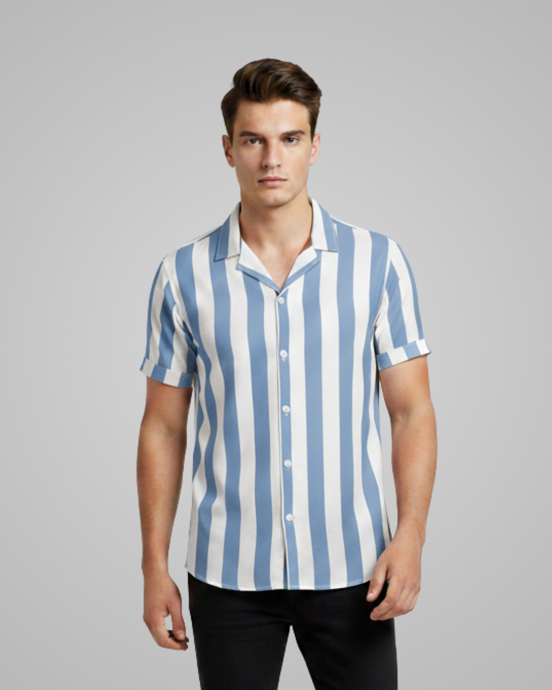 Man wearing a blue and white striped shirt against a gray background