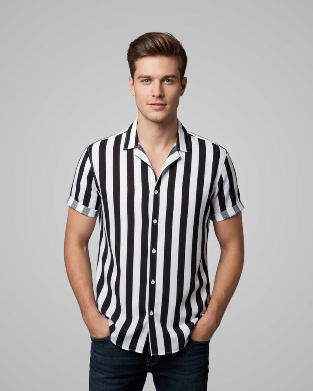 Man wearing a black and white striped shirt against a gray background