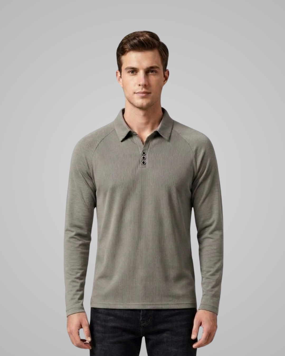 Man wearing a gray long-sleeve polo shirt against a plain background