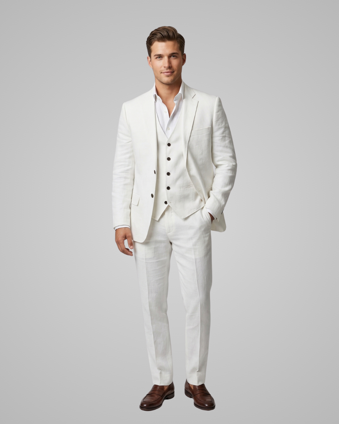 Man wearing a white suit with brown shoes on a gray background