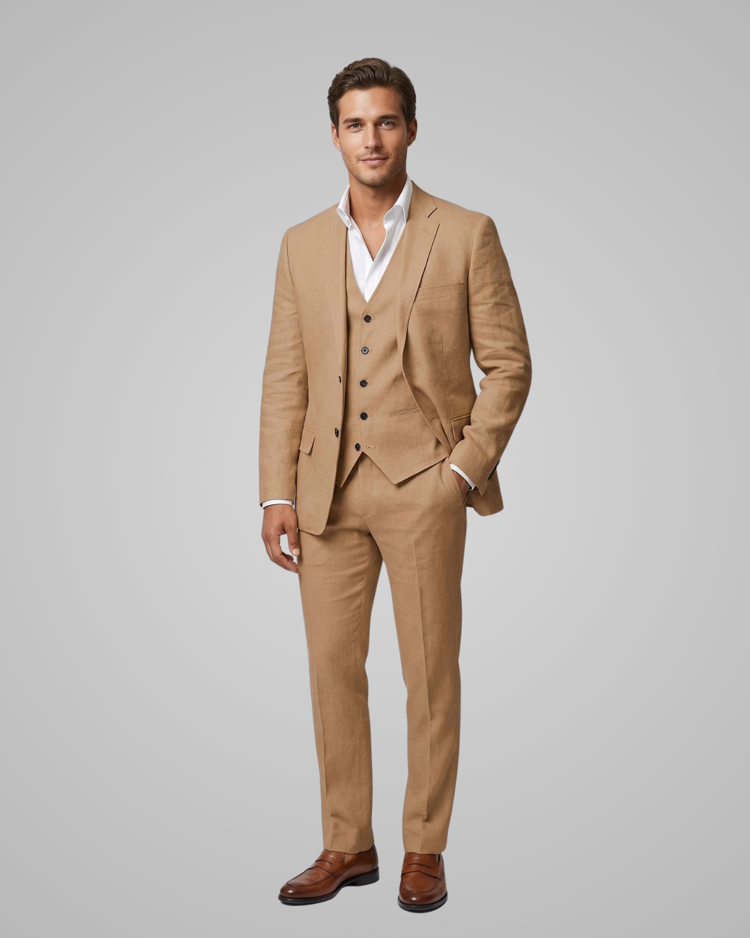 Man wearing a beige suit with a white shirt on a gray background