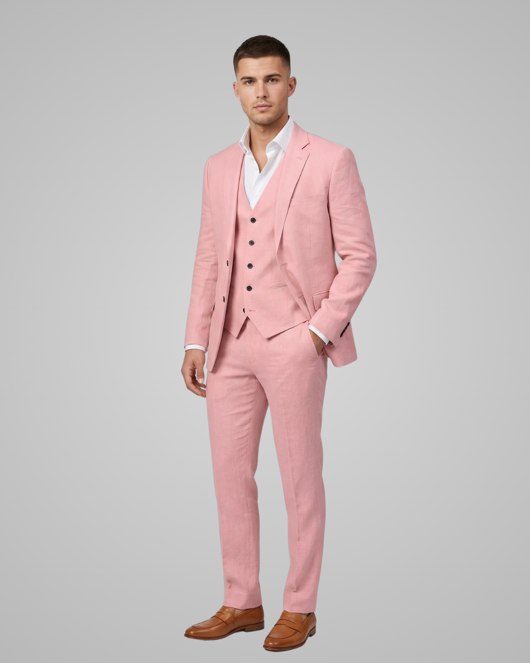 Man wearing a pink suit with a white shirt on a gray background
