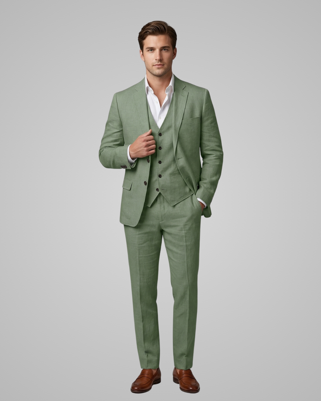 Man wearing a green suit with a white shirt on a gray background