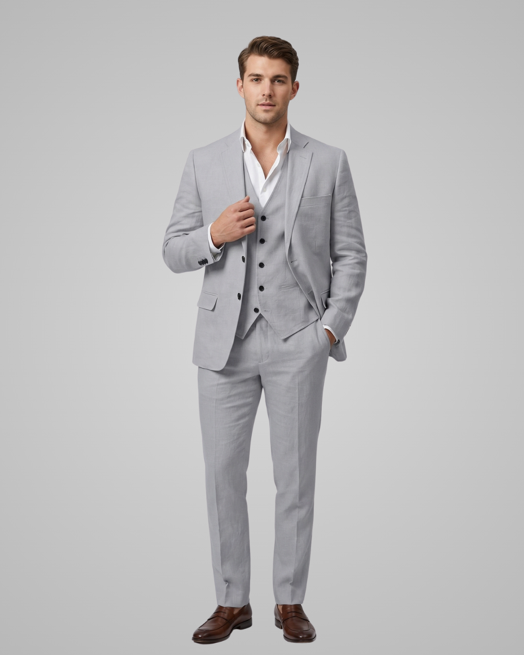 Man wearing a light gray suit with a white shirt on a plain background