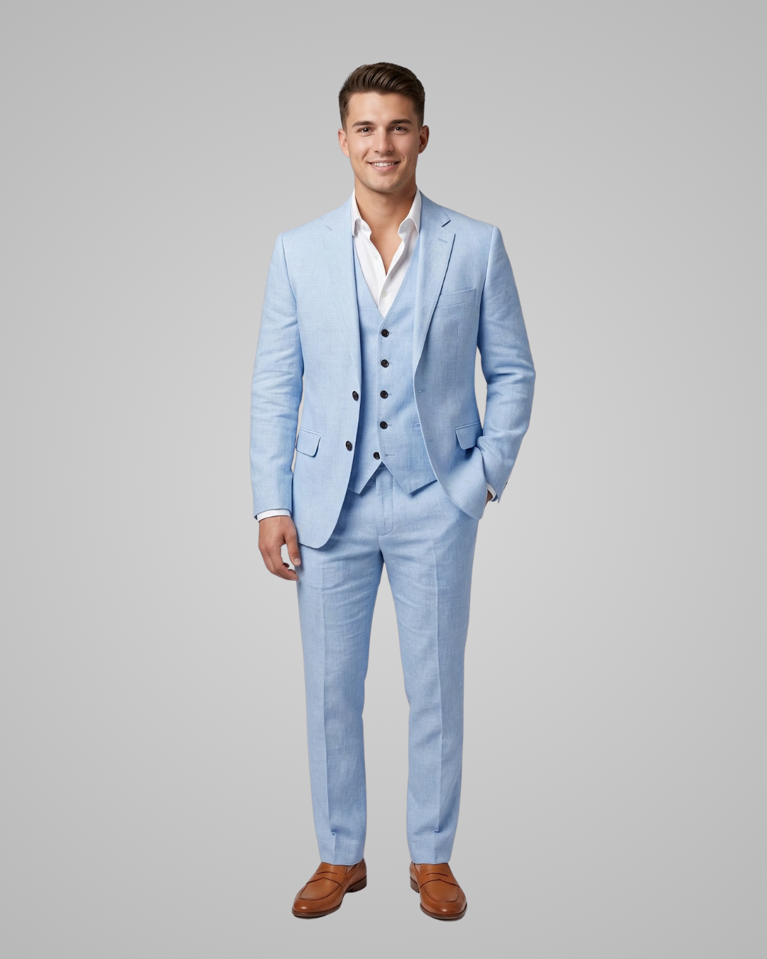 Man wearing a light blue suit with a white shirt on a gray background