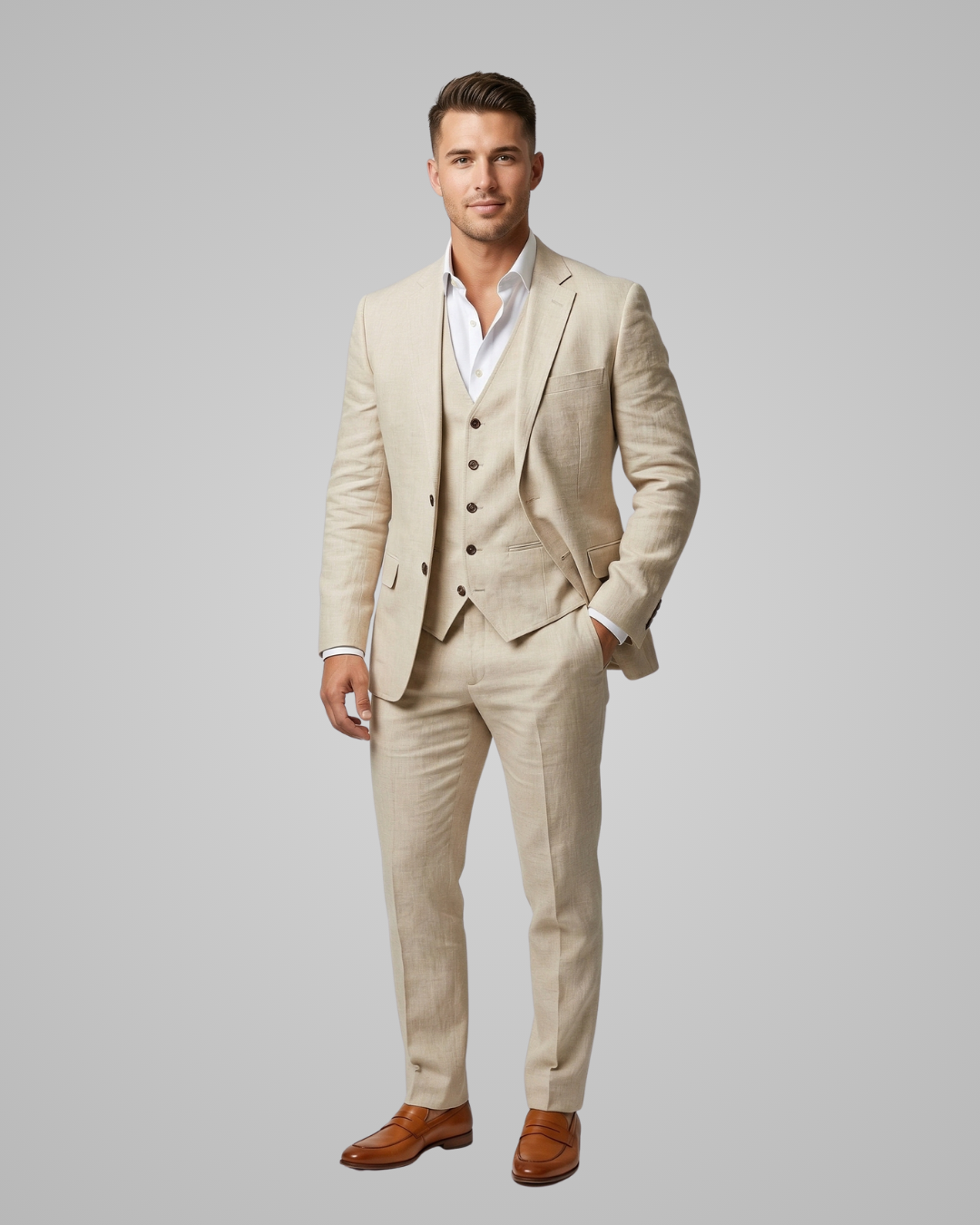 Man wearing a beige suit with a white shirt on a gray background