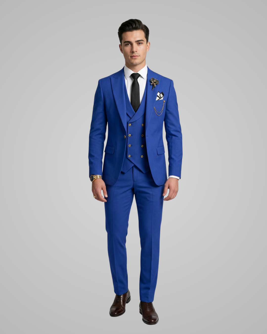 Man wearing a blue suit with a gray background