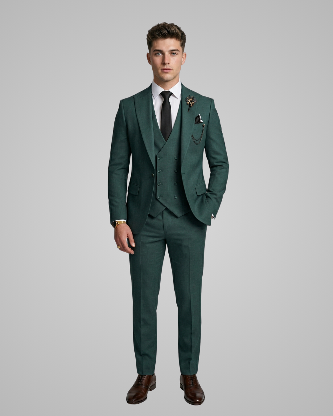 Man wearing a green suit with a tie on a gray background