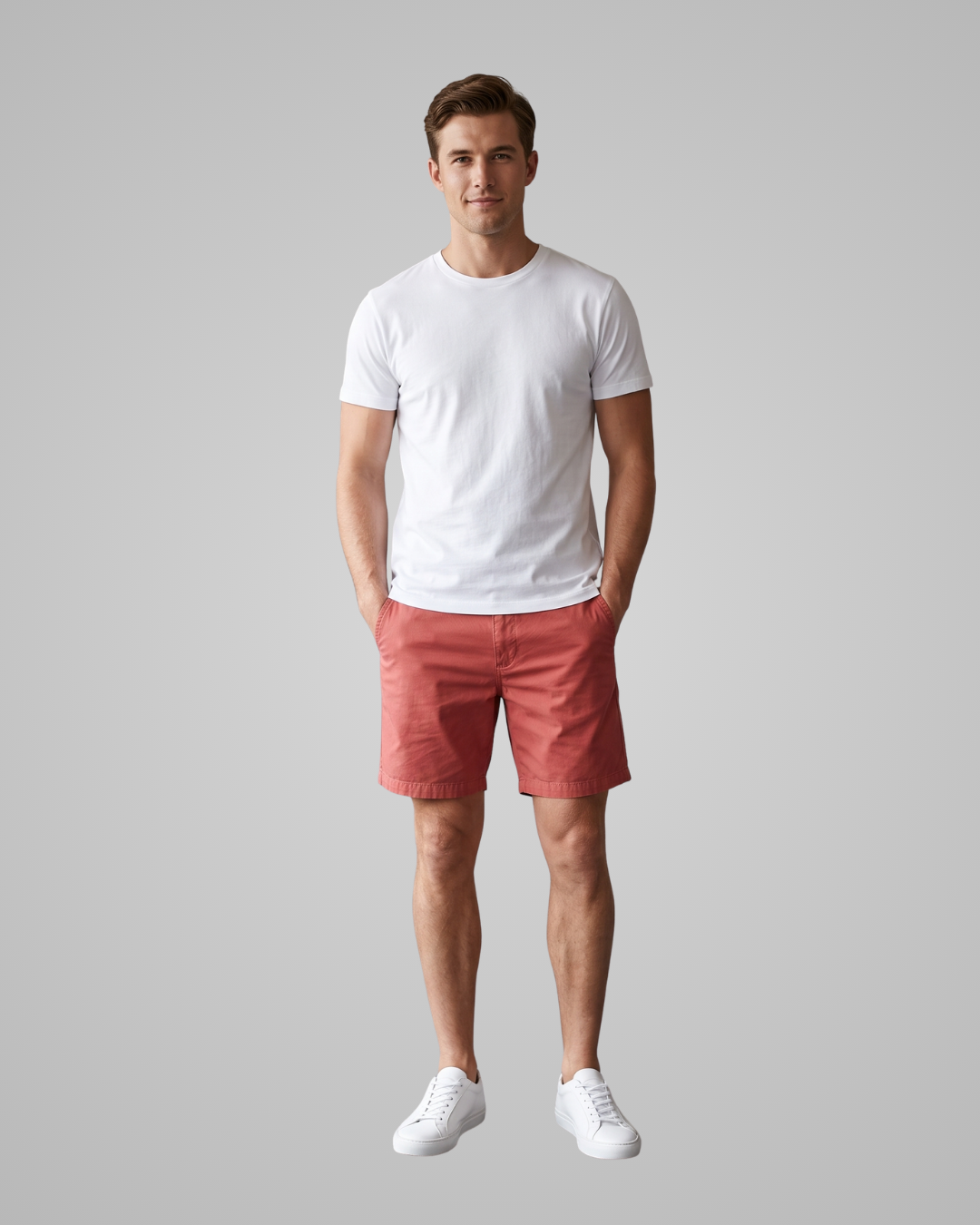 A man modeling a white crew-neck t-shirt and coral-red shorts against a solid gray background.