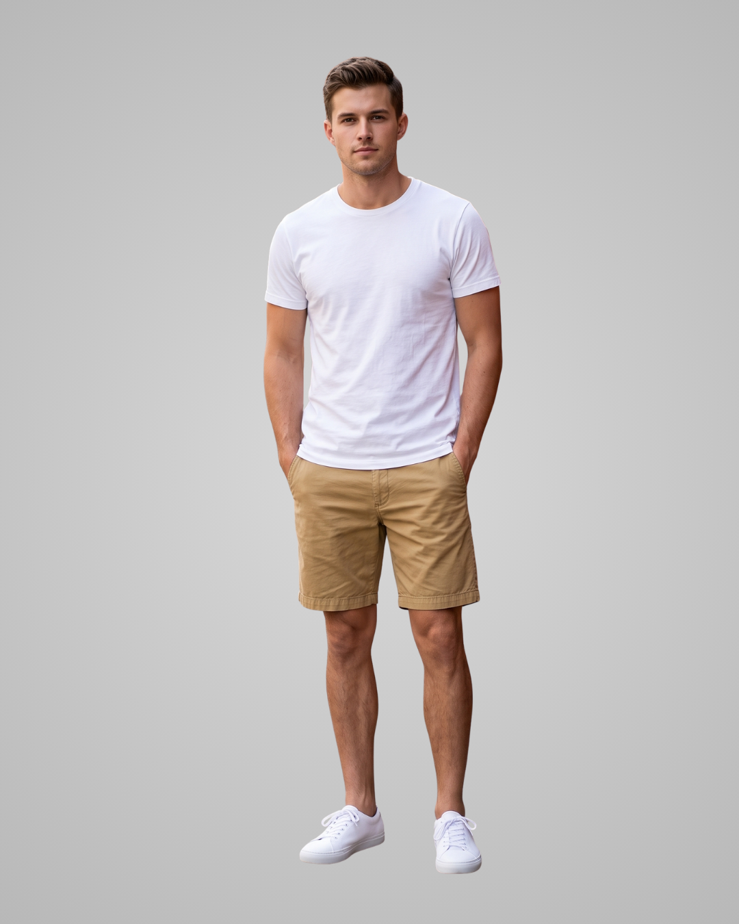 A man modeling a white crew-neck t-shirt, tan chinos, and white sneakers against a solid gray studio background.